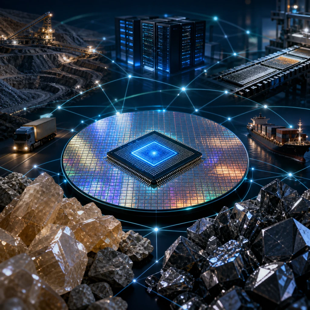 A silicon wafer and microchip connected to minerals, manufacturing, logistics, and data infrastructure